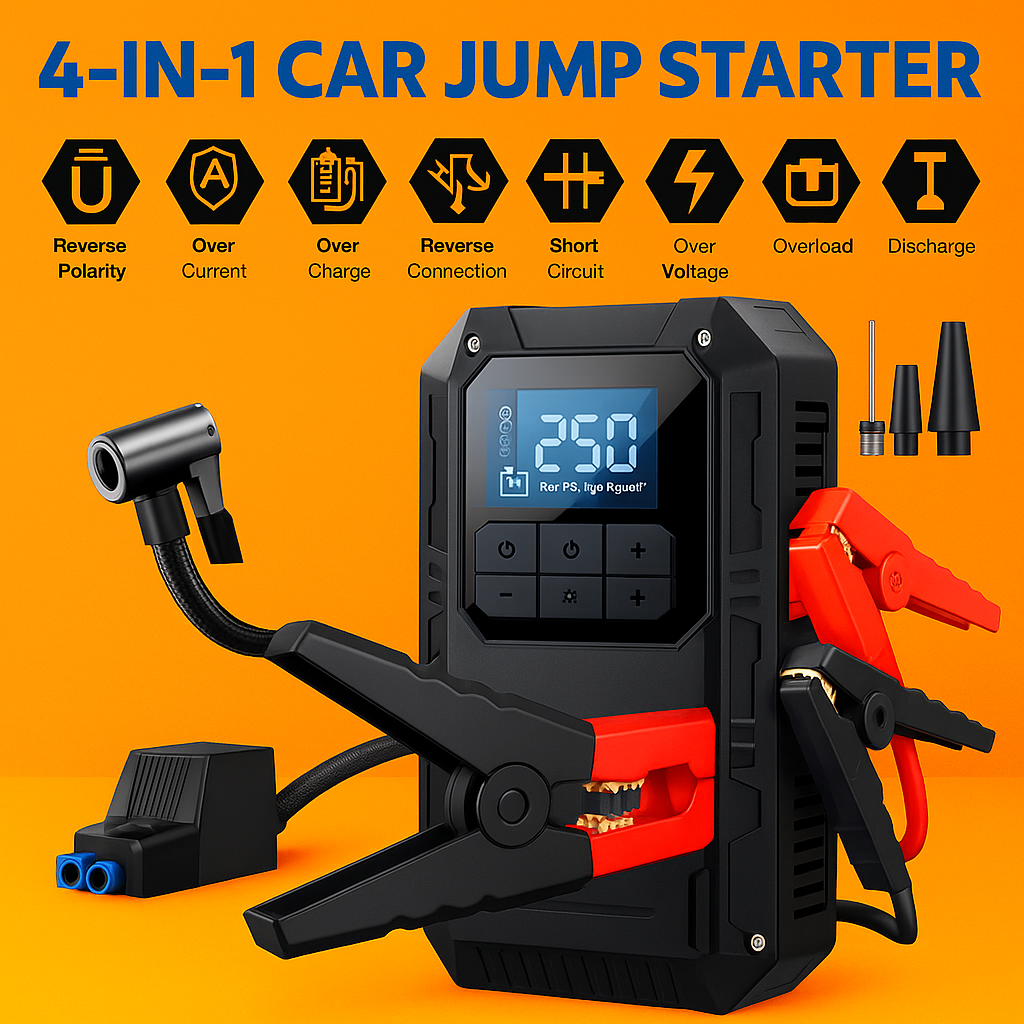 Heavy-Duty 4-in-1 Car Jump Starter with Air Pump and Power Bank