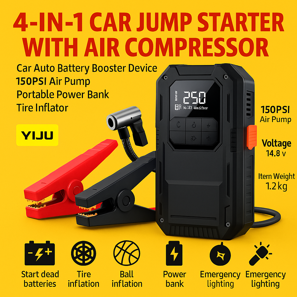 Heavy-Duty 4-in-1 Car Jump Starter with Air Pump and Power Bank