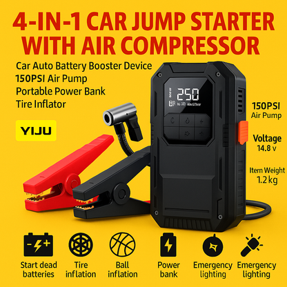 Heavy-Duty 4-in-1 Car Jump Starter with Air Pump and Power Bank